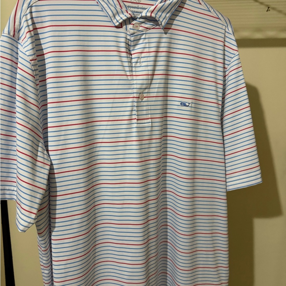 Vineyard Vines Men's Polo - White with Blue and Red Stripes